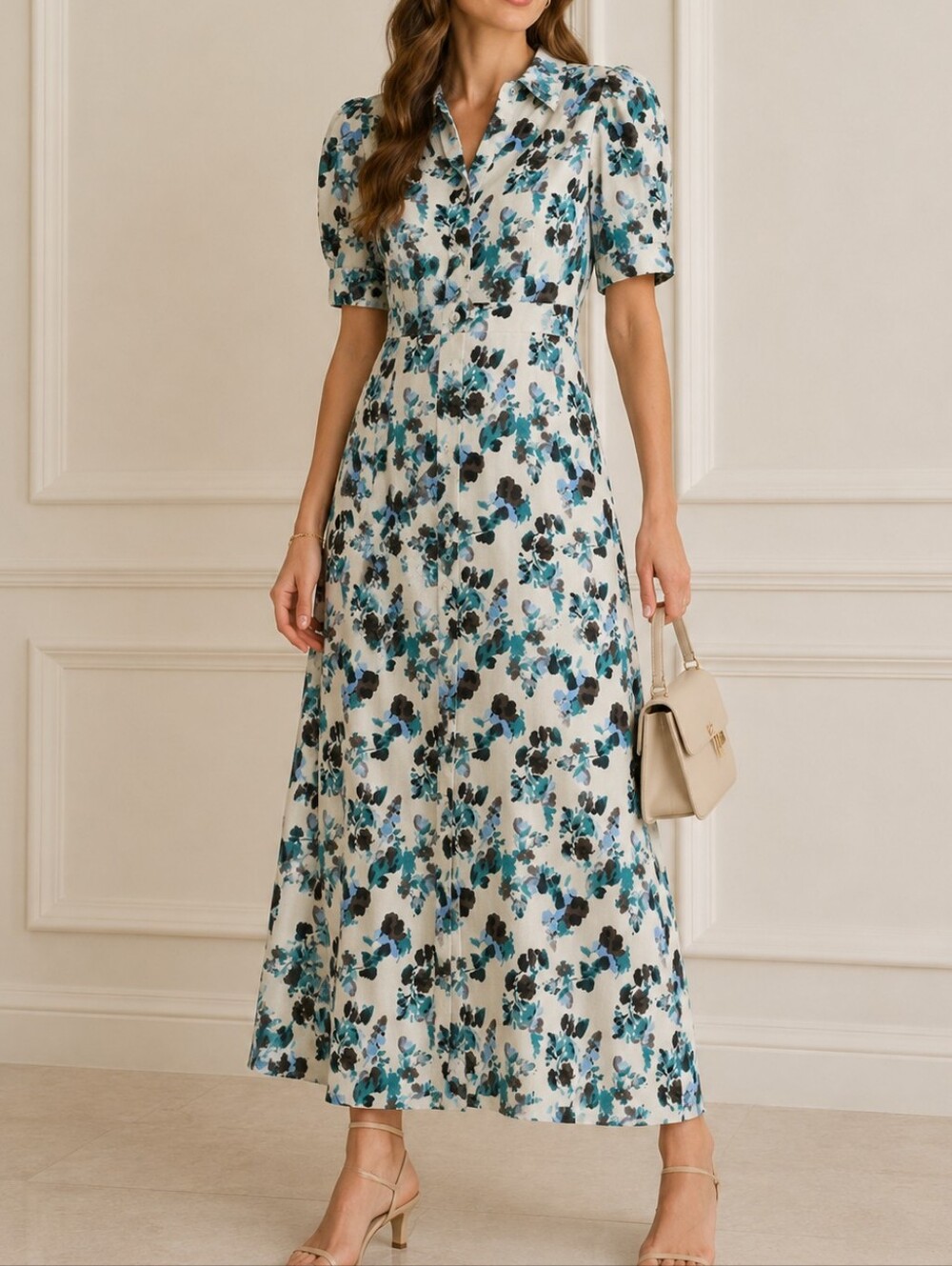 Tuckernuck Cream Maxi Dress with Blue & Black Floral Print